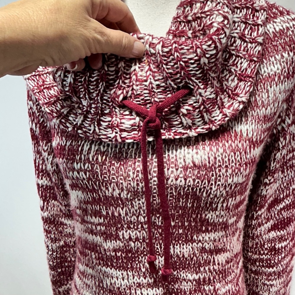 Womens Marled Burgundy White Cowl Neck Tunic Sweater Drawstring - Picture 3 of 9